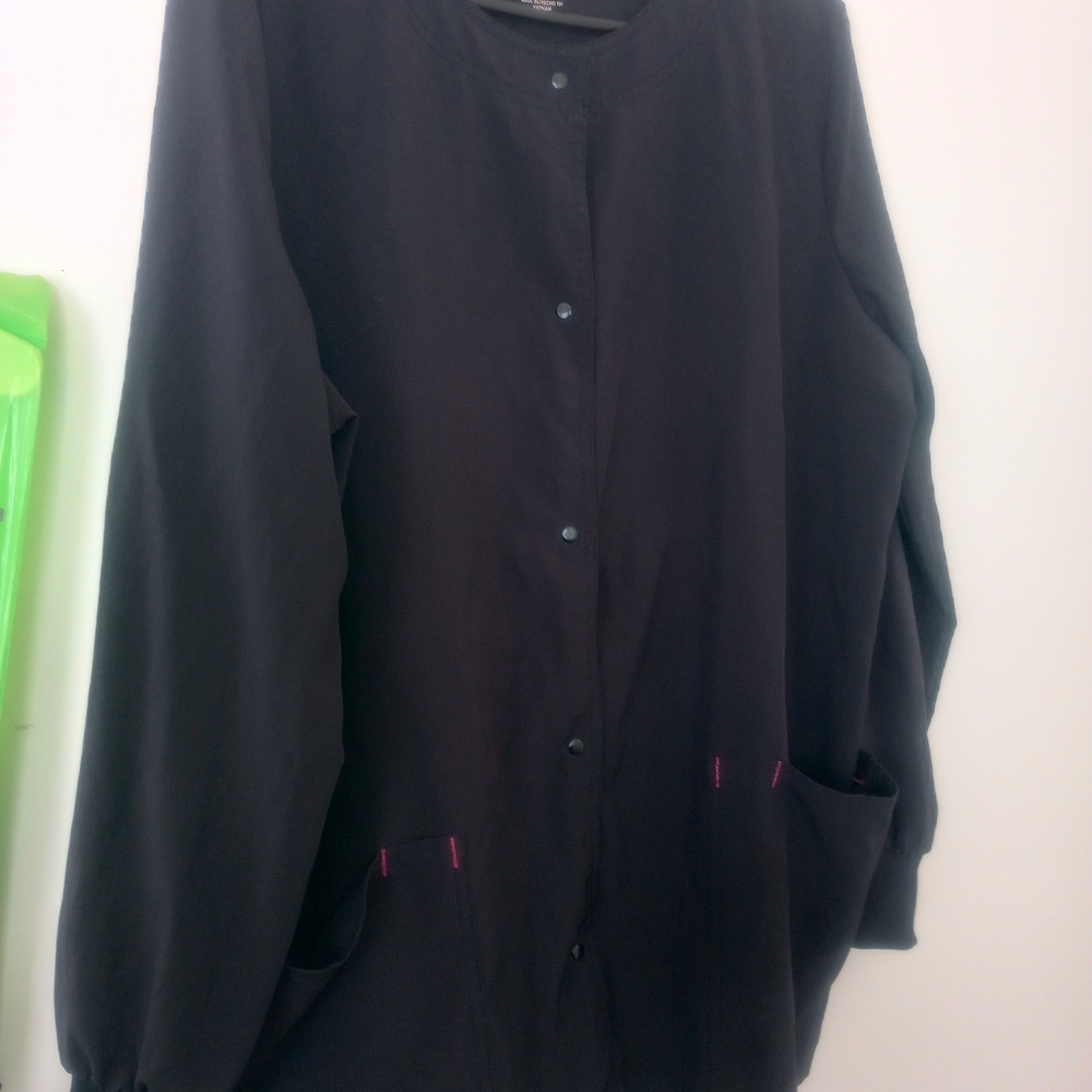 Two Black Scrub Jackets, Size Large, One Button-up, One Zipper Closure